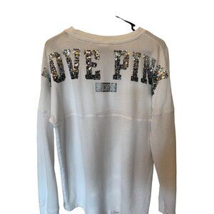 ✌️ 2/$40 ✌️White Victoria Secret Pink Long Sleeve Varsity Crew Silver Bling sz S
